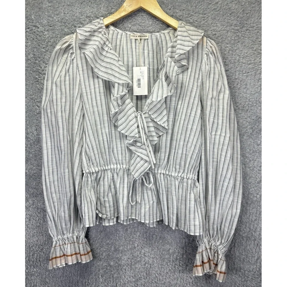 NEW Ulla Johnson Womens 8 Kalila Blouse Striped Cotton Ruffle Peplum Puff Sleeve